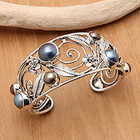 Brazalete de amatista y perlas - Brazalete de perlas y plata esterlina floral