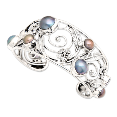 Floral Sterling Silver Amethyst and Pearl Cuff Bracelet, 'Sweet Frangipani'