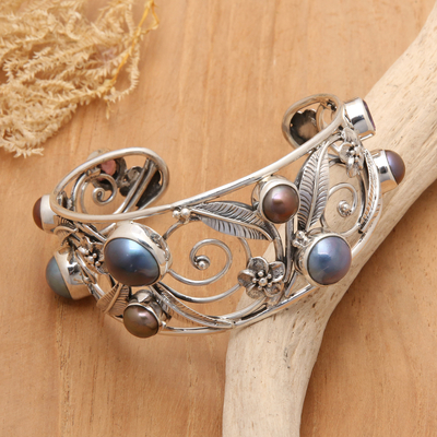 Brazalete de amatista y perlas - Brazalete de perlas y plata esterlina floral