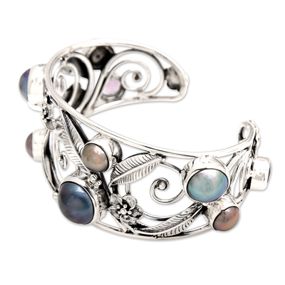 Amethyst and pearl cuff bracelet, 'Sweet Frangipani' - Floral Sterling Silver and Pearl Cuff Bracelet