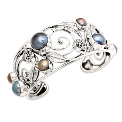 Amethyst and pearl cuff bracelet, 'Sweet Frangipani' - Floral Sterling Silver and Pearl Cuff Bracelet