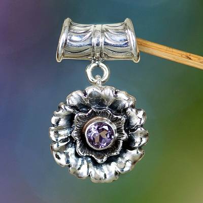 Amethyst pendant, 'February Violet' - Handmade Floral Sterling Silver Amethyst Pendant