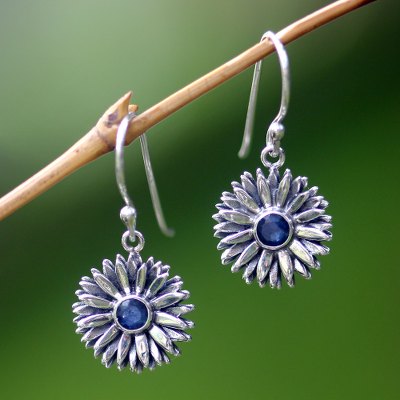 Sapphire earrings, 'September Aster' - Sterling Silver and Sapphire Birthstone Earrings