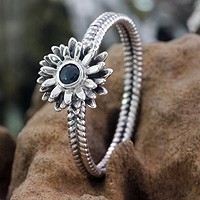 Birthstone flowers sapphire ring, 'September Aster' - 3d Silver Aster with Sapphire on Braided Silver Ring