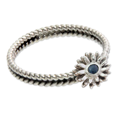 Birthstone flowers sapphire ring, 'September Aster' - Floral Sterling Silver and Sapphire Ring