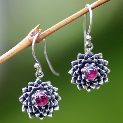Ruby earrings, 'July Water Lily' - Sterling Silver and Ruby Dangle Earrings