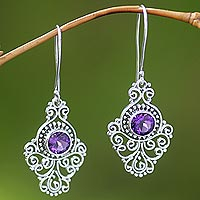 Amethyst dangle earrings, 'Peacock Aura' - Artisan Crafted Sterling Silver and Amethyst Earrings