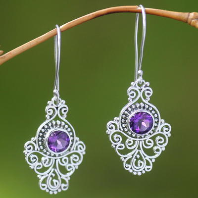 Amethyst dangle earrings, 'Peacock Aura' - Artisan Crafted Sterling Silver and Amethyst Earrings
