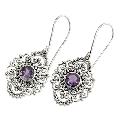 Amethyst dangle earrings, 'Royal Medallion' - Sterling Silver and Amethyst Dangle Earrings