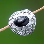 Onyx flower ring, 'Frangipani Mystery' - Unique Sterling Silver and Onyx Cocktail Ring