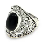 Onyx flower ring, 'Frangipani Mystery' - Unique Sterling Silver and Onyx Cocktail Ring