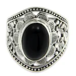 Onyx flower ring, 'Frangipani Mystery' - Unique Sterling Silver and Onyx Cocktail Ring