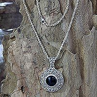 Onyx flower necklace, 'Frangipani Secrets' - Floral Sterling Silver and Onyx Pendant Necklace 