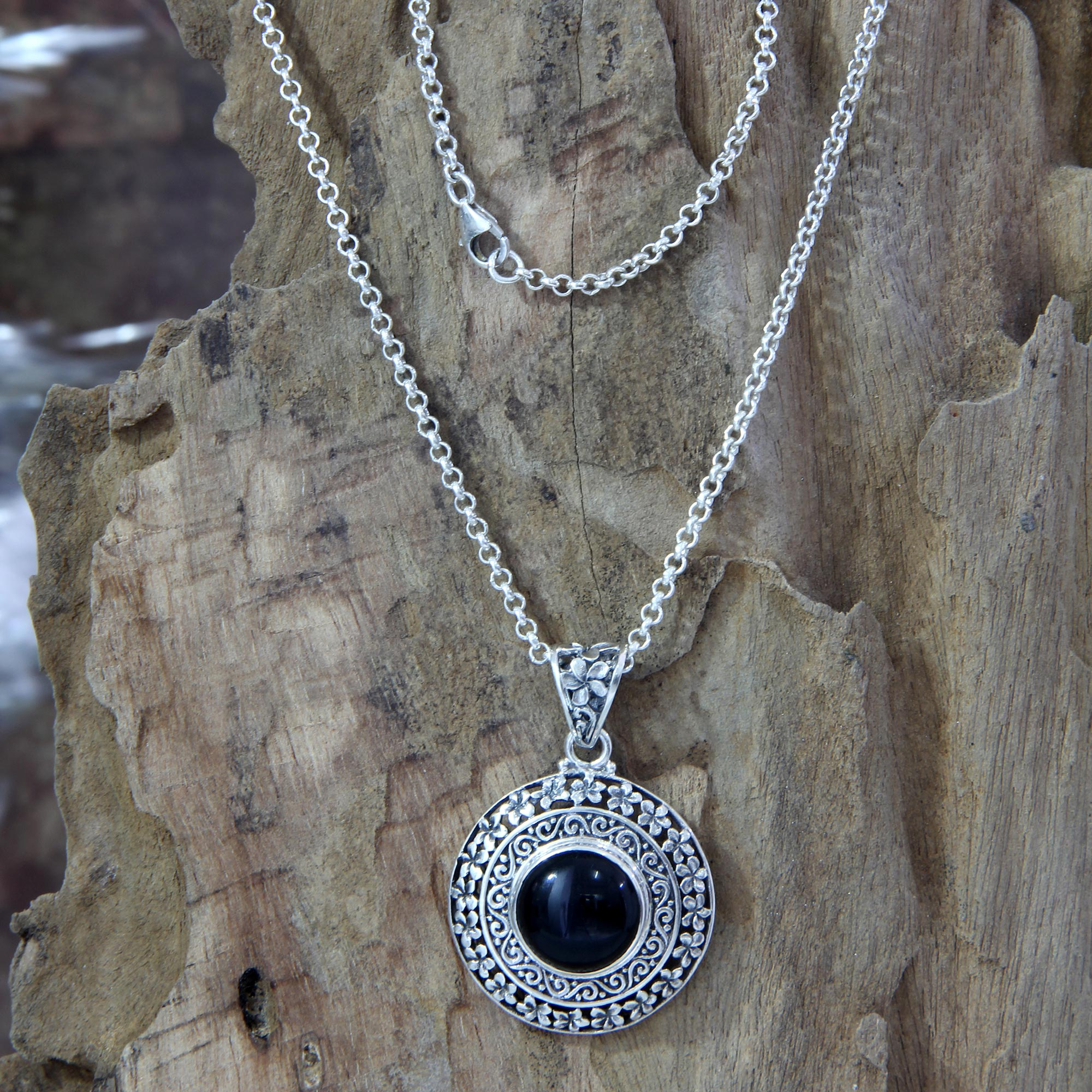 Floral Sterling Silver and Onyx Pendant Necklace - Frangipani