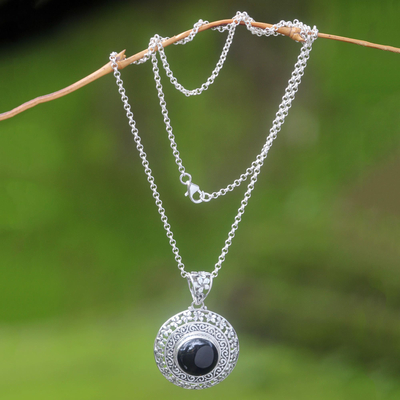 Onyx flower necklace, 'Frangipani Secrets' - Floral Sterling Silver and Onyx Pendant Necklace 
