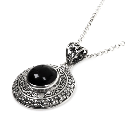 Onyx flower necklace, 'Frangipani Secrets' - Floral Sterling Silver and Onyx Pendant Necklace 