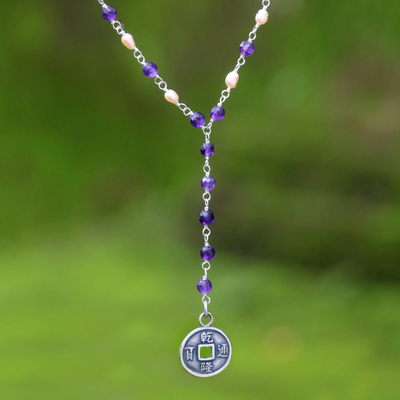 Cultured pearls and amethyst Y necklace, 'Good Fortunes' - Cultured pearls and amethyst Y necklace