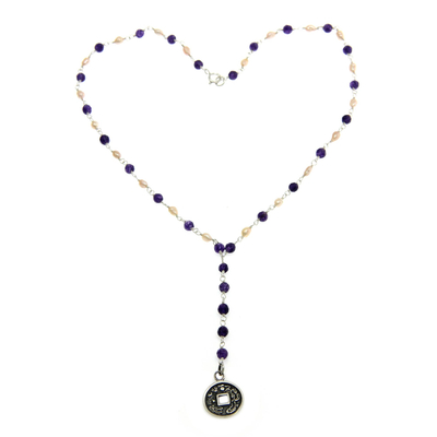 Cultured pearls and amethyst Y necklace, 'Good Fortunes' - Cultured pearls and amethyst Y necklace