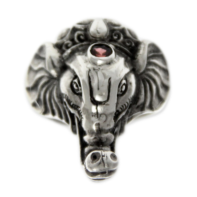 Men's garnet ring, 'Wise Ganesha' - Men's garnet ring