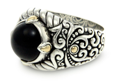 Men's gold accent onyx ring, 'Sorcerer' - Men's Onyx and Sterling Silver Dome Ring