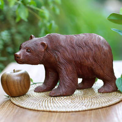 Wood sculpture, 'Curious Brown Bear' - Wood Sculpture from Indonesia