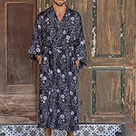 Men's Black Batik Patterned Robe, 'Midnight Stars'
