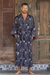 Men's rayon batik robe, 'Midnight Stars' - Men's Black Batik Patterned Robe