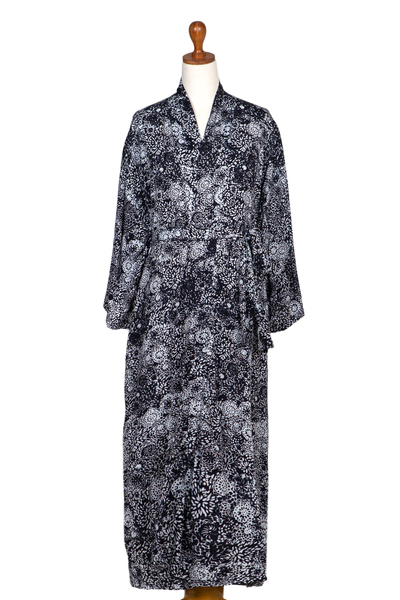 Men's rayon batik robe, 'Midnight Stars' - Men's Black Batik Patterned Robe