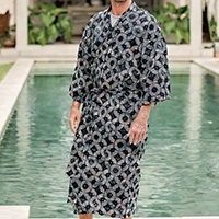 Men's cotton batik robe, 'Midnight Fireworks' - Men's Batik Cotton Robe