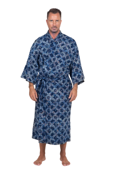 Men's cotton batik robe, 'Midnight Fireworks' - Men's Batik Cotton Robe