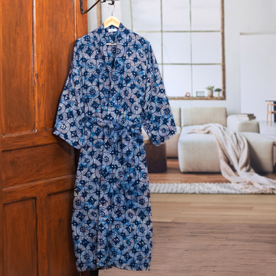 Men's cotton batik robe, 'Midnight Fireworks' - Men's Batik Cotton Robe