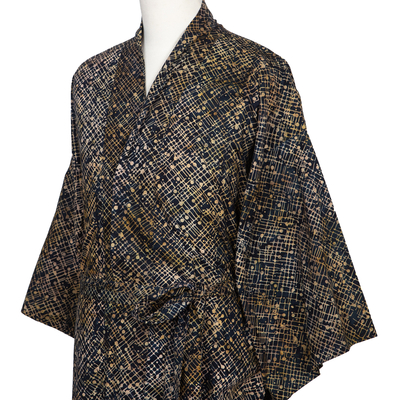 Men's cotton batik robe, 'Star Quest' - Men's Dark Blue and Yellow Batik Cotton Robe from Bali