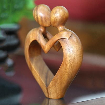 Wood sculpture, 'Sweet Love' - Romantic Heart Sculpture