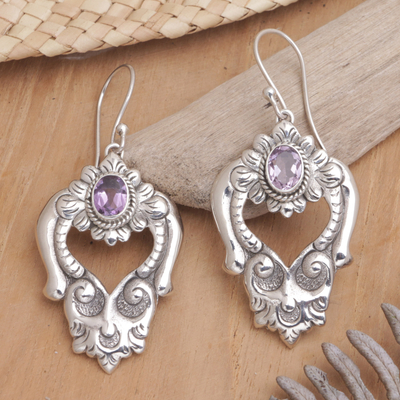 Amethyst  heart earrings, 'Bali Regal' - Amethyst  heart earrings