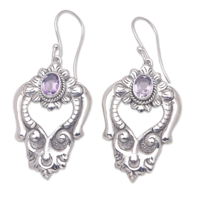Amethyst  heart earrings, 'Bali Regal' - Amethyst  heart earrings