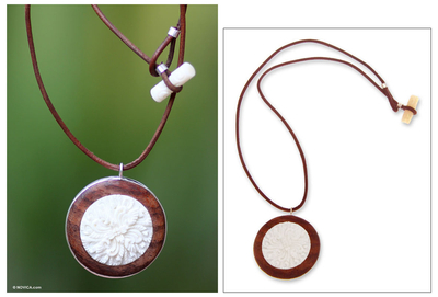 Wood pendant necklace, 'Harmonious Brown Poppy'