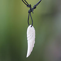 Mens leather and bone pendant necklace, Angel Wing