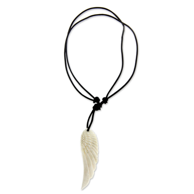 Men's leather and bone pendant necklace, 'Angel Wing' - Hand Carved Angel Wing Men's  Necklace  on Black Leather