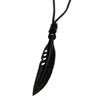 Men's leather pendant necklace, 'Crow Feather Totem' - Hand Carved Horn Necklace on Leather Cords