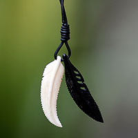 Men's leather and bone pendant necklace, 'Totem Feathers'