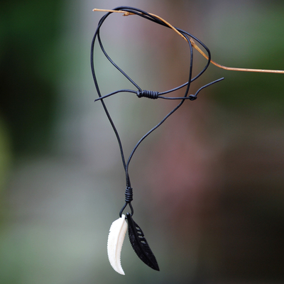 Mens leather and bone pendant necklace, Totem Feathers