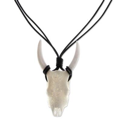 Men's leather and bone pendant necklace, 'Balinese Bull' - Men's Pendant Necklace from Indonesia