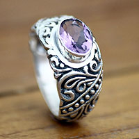 Amethyst solitaire ring, 'Java Legacy' - Sterling Silver and Amethyst Ring