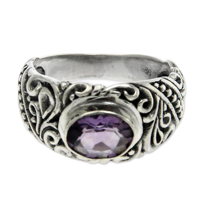 Amethyst solitaire ring, 'Java Legacy' - Sterling Silver and Amethyst Ring