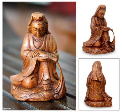 Wood sculpture, 'Sitting Kwan Im' - Hindu Wood Sculpture