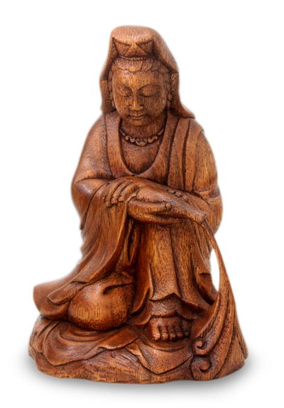Wood sculpture, 'Sitting Kwan Im' - Hindu Wood Sculpture