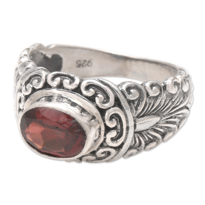 Garnet solitaire ring, 'Bali Heritage' - Hand Crafted Sterling Silver and Garnet Ring