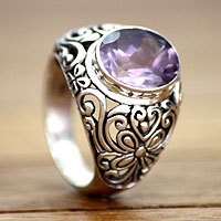 Amethyst solitaire ring, 'Mythical Oasis' - Floral Sterling Silver and Amethyst Ring