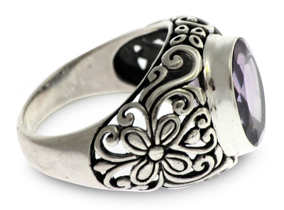 Amethyst solitaire ring, 'Mythical Oasis' - Floral Sterling Silver and Amethyst Ring