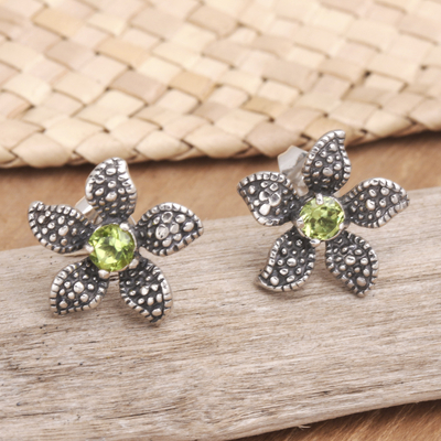 Peridot flower earrings, 'Timeless Jasmine' - Peridot and Sterling Silver Flower Earrings
